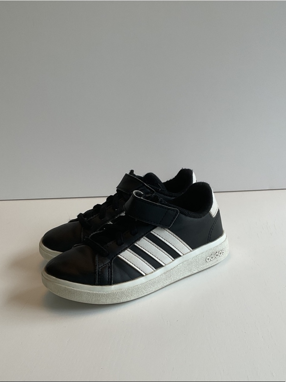 adidas Kids Black & White Stripe Hook-and-Loop Sneaker